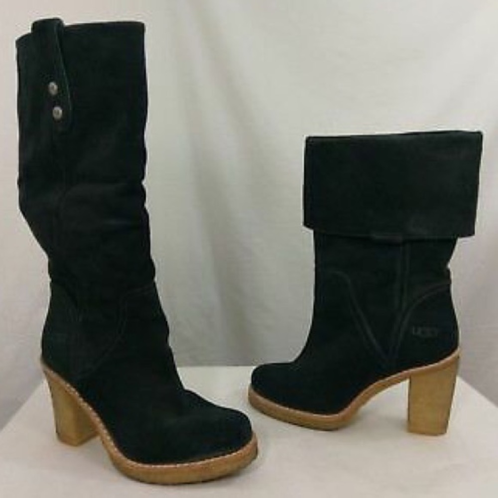 Ugg Tall Black Cuff-over Suede High-heel Boots